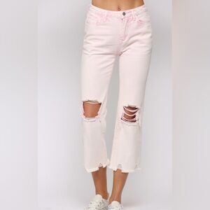 Fate Cropped High Rise Wide Leg Distressed Jeans Size Large or 30 Pink Wash